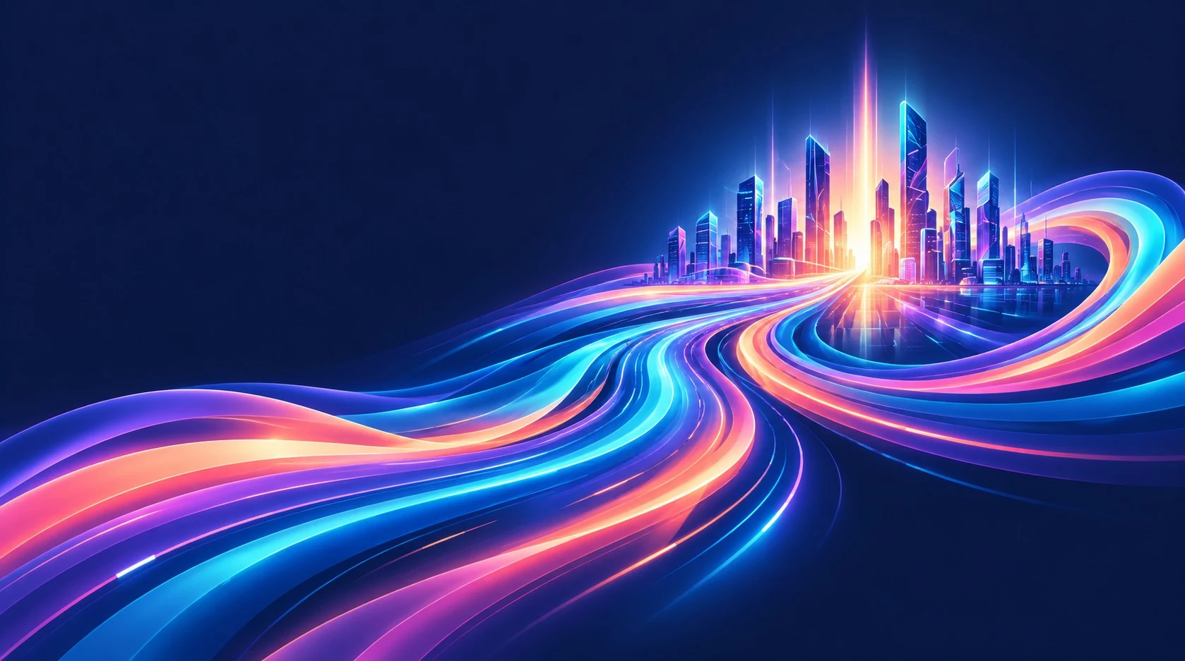 A luminous purple city with flowing violet, coral and cyan pathways