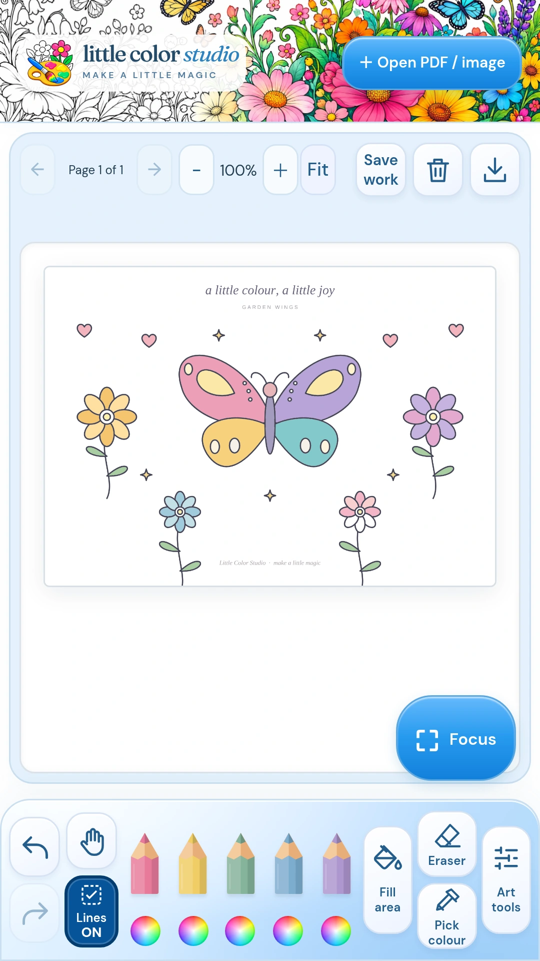 Little Color Studio Android phone: Butterfly and flower coloring page with pencils, Fill area and Lines ON.