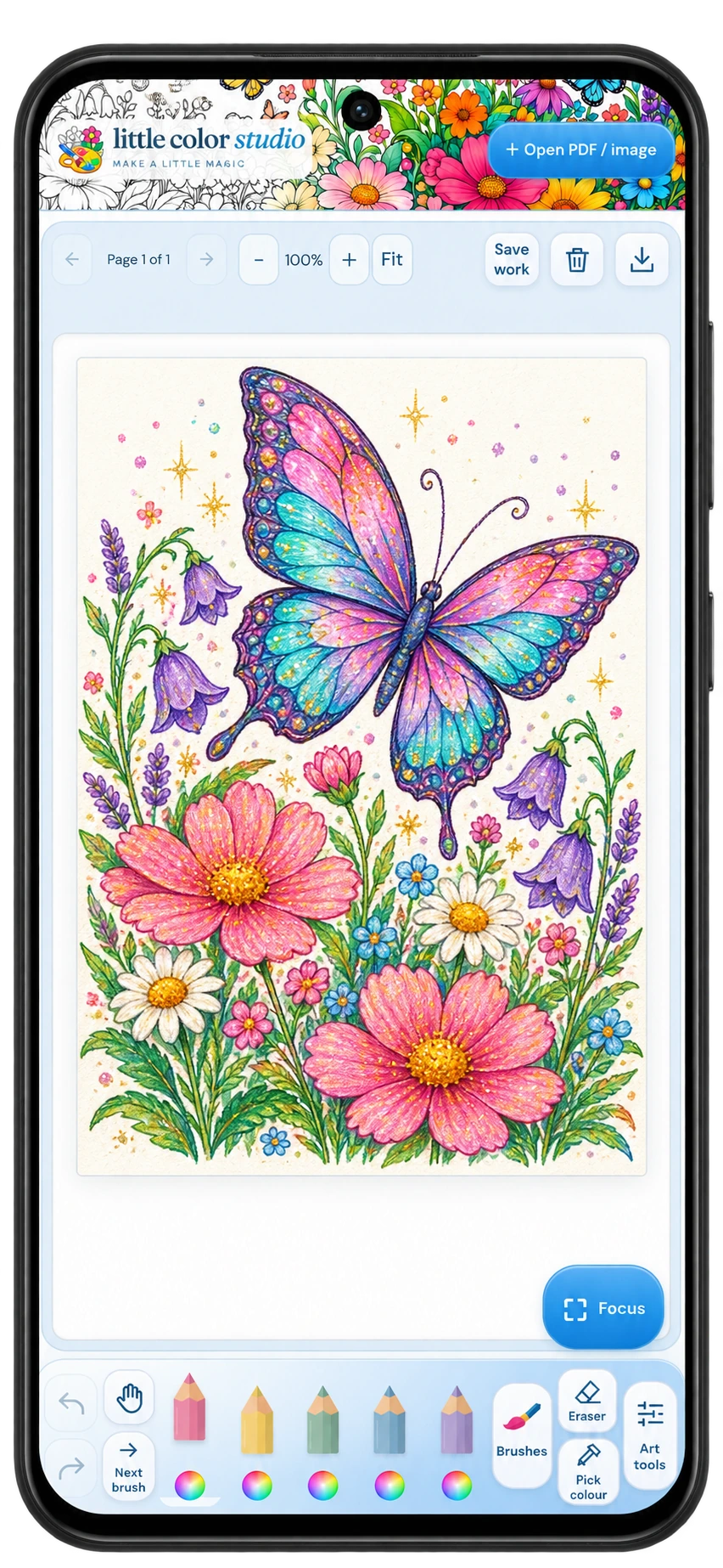 Little Color Studio phone mockup showing a colorful butterfly and flower artwork with drawing tools.