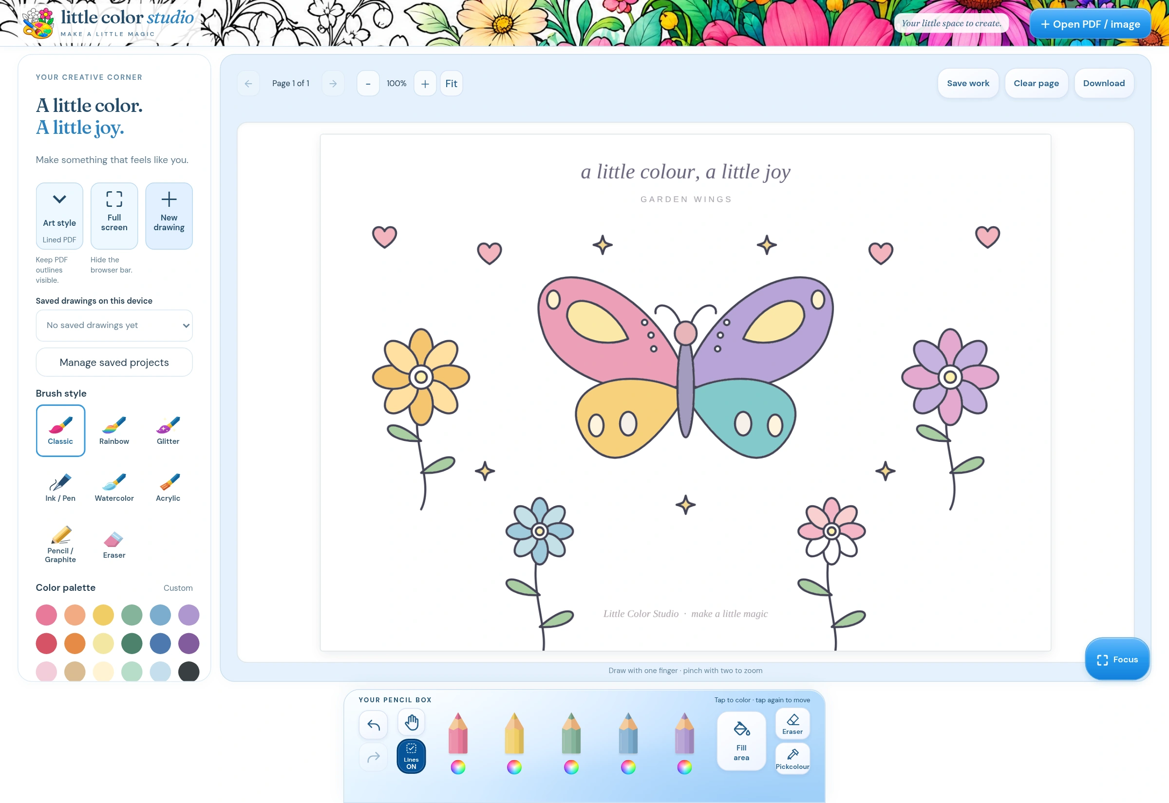 Little Color Studio Android tablet: Tablet coloring-book view with butterfly, flowers, brushes and fill controls.