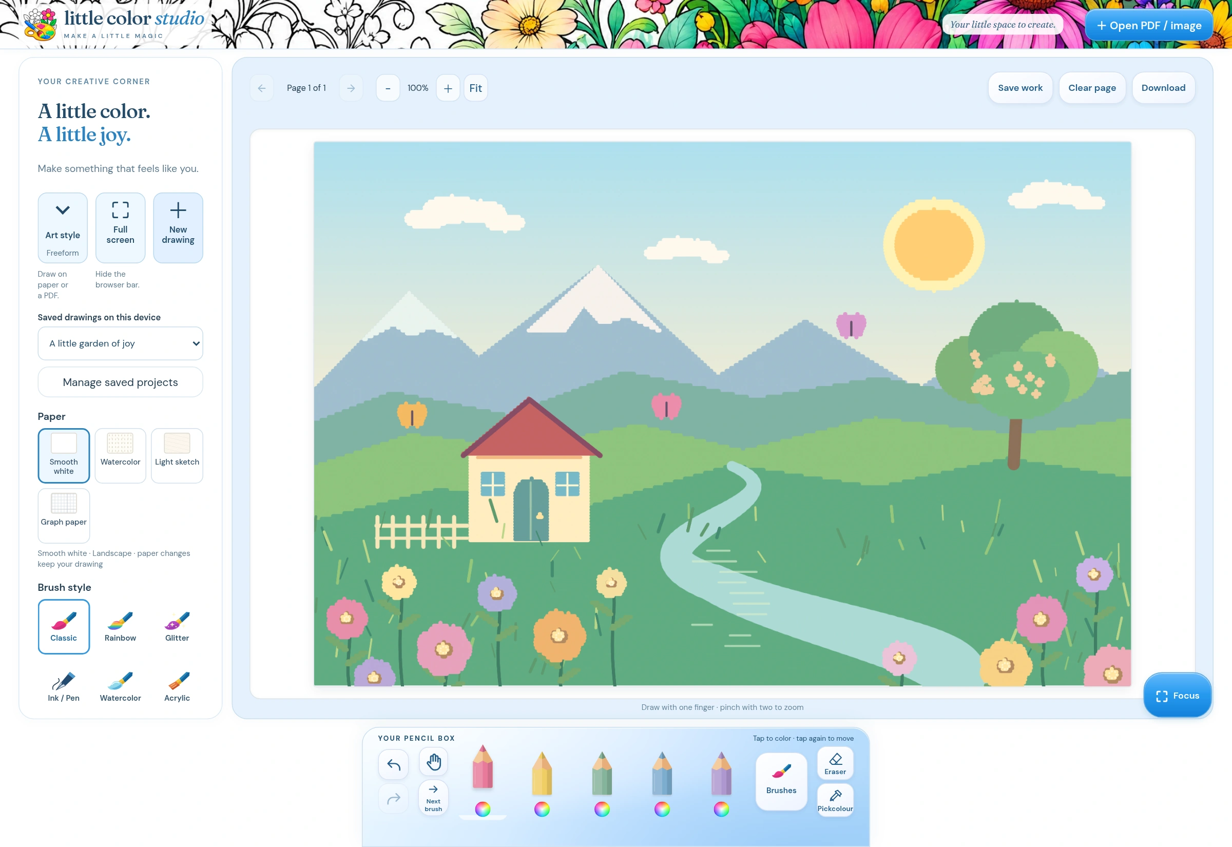 Little Color Studio Android tablet: Tablet freeform drawing view with a colorful garden landscape.