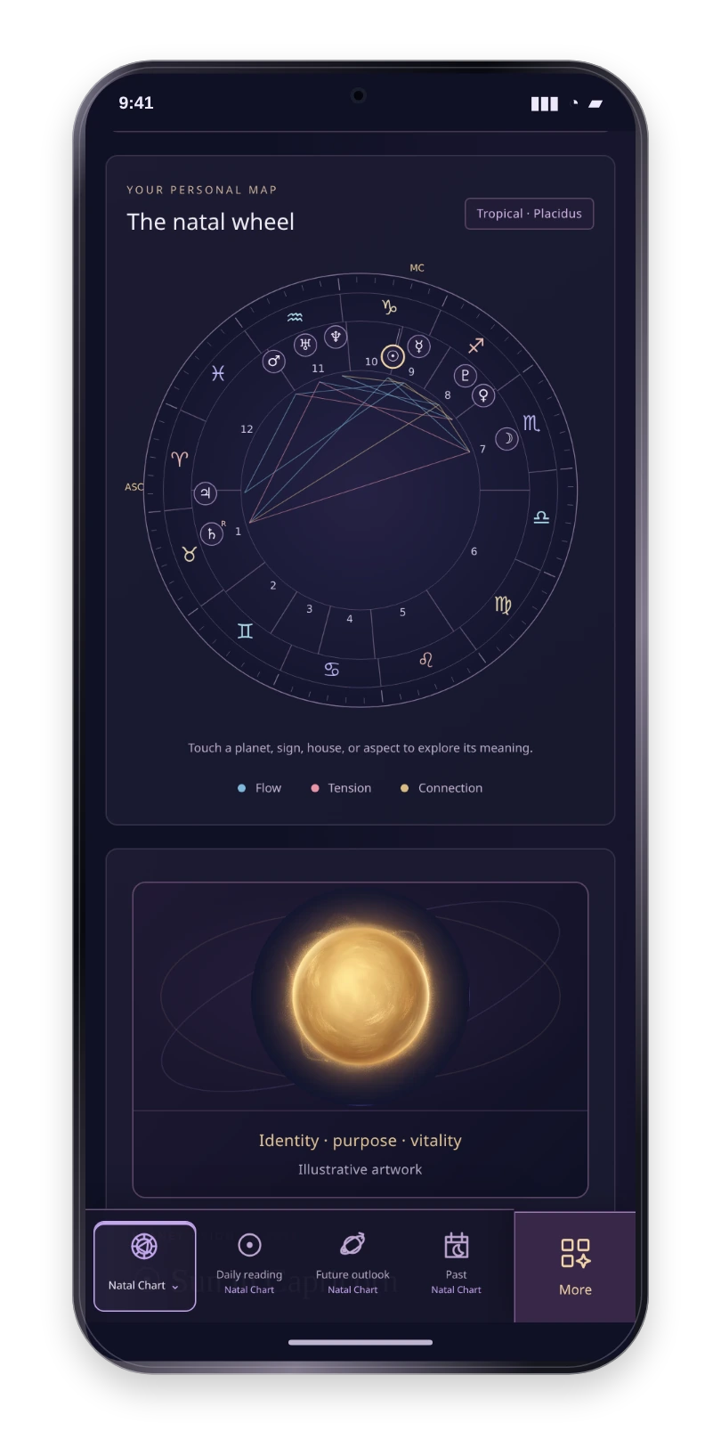 Natal Insight Studio phone mockup showing a natal chart and illustrated sun.