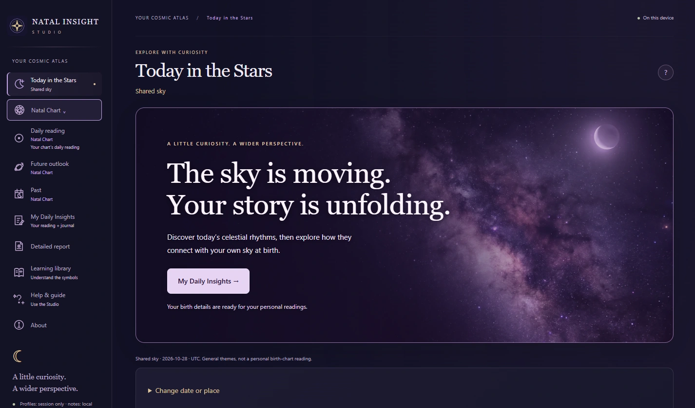 Natal Insight Studio tablet welcome screen titled Today in the Stars with a violet Milky Way banner.